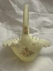 Vintage Fenton Satin Custard Uranium Glass Ruffled Basket Hand Painted/Signed.