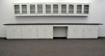 17' Base & 15' Wall Laboratory Cabinets w/ Black Tops & Desk Area / E1-185