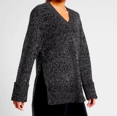 NWT Athleta Shasta V Neck Sweater Black size Medium Wool Blend Side Slit Long