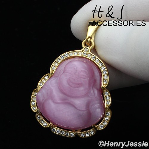 WOMEN Stainless Steel Brushed Pink Rhinestone Gold Plated Buddha Pendant*AG117 - Picture 2 of 3