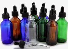 12 Pack  Assorted Colors, 2 oz Glass Bottles, With Glass Eye Droppers