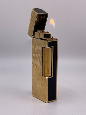 Dunhill Rollagas WORKING Vintage Lighter in Gold Bark & Black Sides w/Dome Top