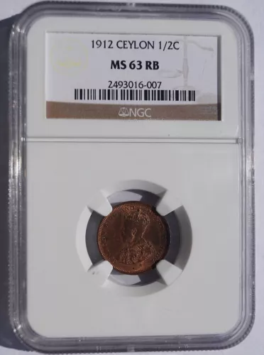 1912 Ceylon 1/2 Cent World Coin - Sri Lanka - NGC MS63 RB