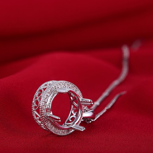 14k White Gold Engagement Semi Mount Oval Cur 14x12mm Real Diamond Retro Pendant - Picture 4 of 6