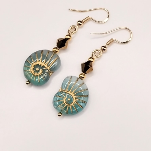 Pale Turquoise Blue Gold Sea Green Shell Earrings Beaded Glass Holiday Beach - Video 1 of 1