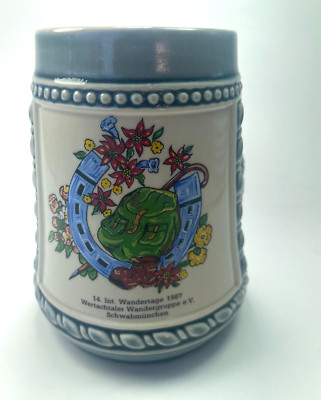 Hopfen Und Malz Gott Erhalt's Bier Beer Stein Int. Wandertage 1987 Rare Cup c97
