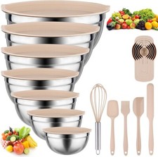 26PCS Khaki Mixing Bowls with Lids set Stainless Steel Cooking Utensils