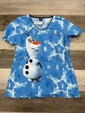 Disney Frozen II Women  s Size Small Scrub Top Olaf Snowflakes Blue in EUC