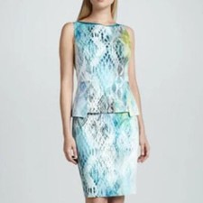 Elie Tahari Dress Blue Green White Snakeskin Sleeveless Mini Peplum Sheath 0