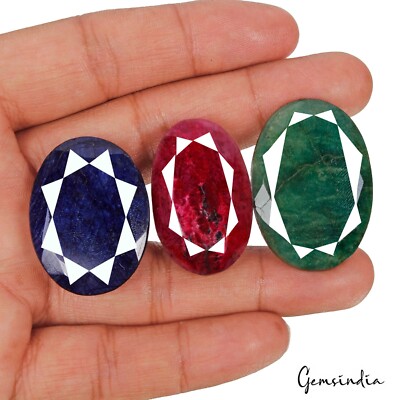 Certified 244.30 t Natural Ruby Emerald & Sapphire Oval Faceted Earth Mined Gems