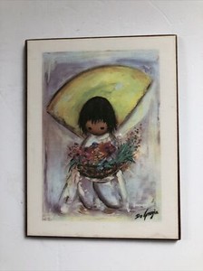 VINTAGE DE GRAZIA CHILD & FLOWERS ART PRINT “Flower Boy” WOODEN FRAME