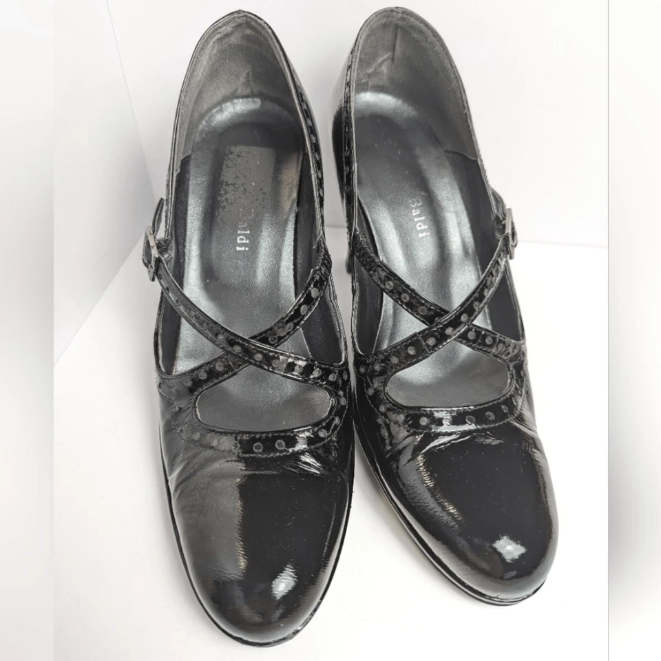 Vintage Massimo Baldi Black Patent Leather Strappy Mary Jane Heels Women's 8 - Image 4 of 4