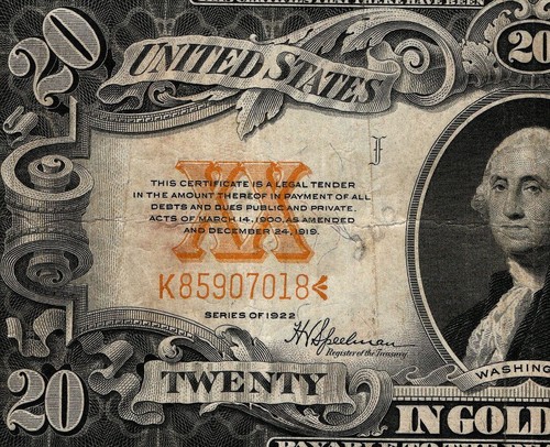 1922 $20 Gold Certificate Large Size Note Horse Blanket Yellow Seal (AEJ) - Picture 1 of 4