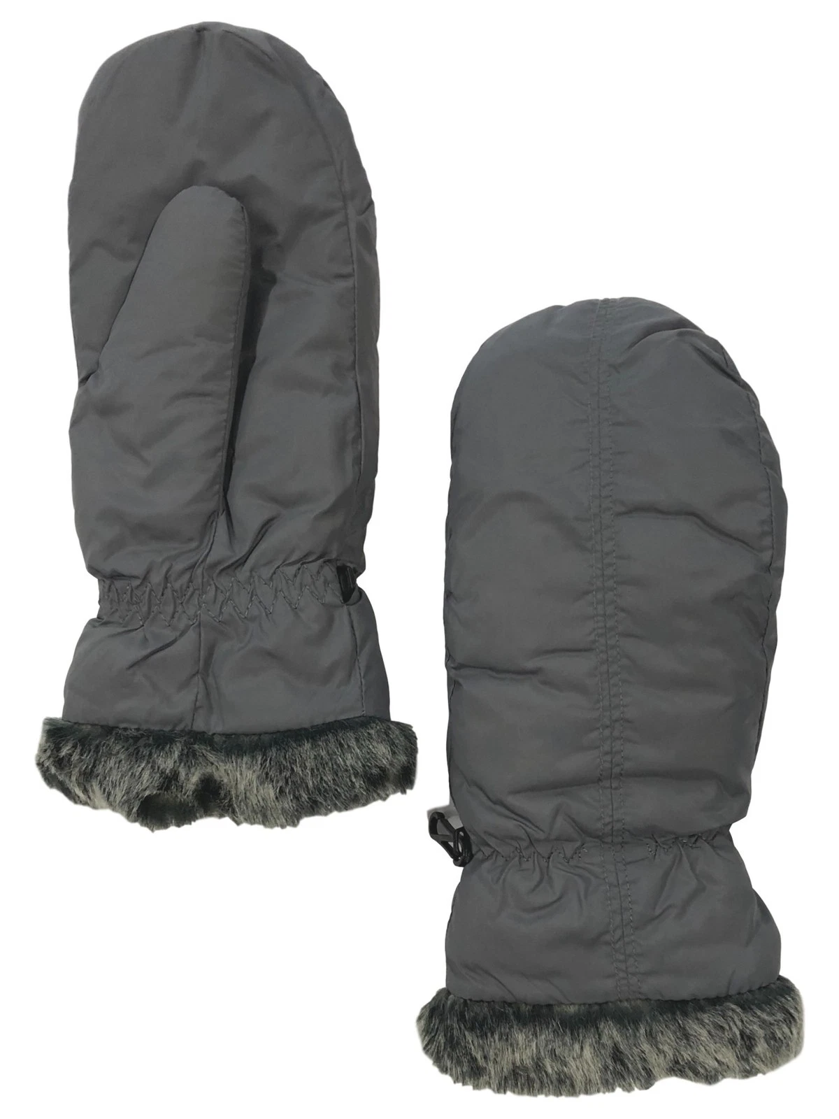 Womens Gray Nylon Ski & Snow Mittens With Faux Fur Trim
