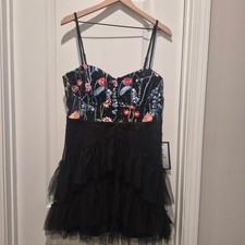 City Studios Floral Embroidered Tulle Tiered Mini Dress Black Sweetheart NWT