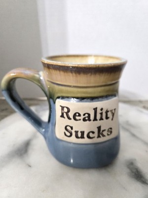 TUMBLEWEED POTTERY REALITY SUCKS 16 OZ BLUE LARGE STONE WEAR MUG 7'' TALL