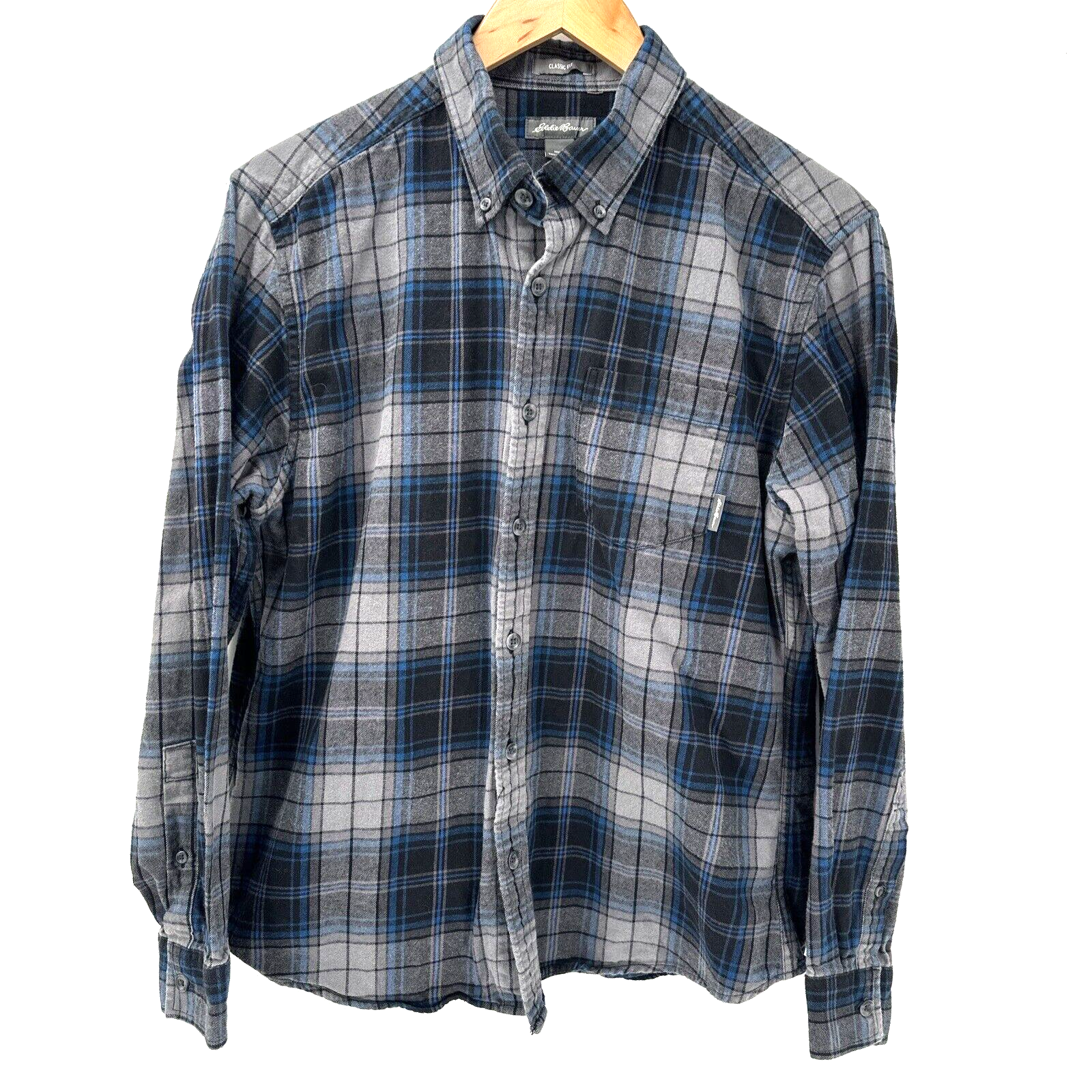Eddie Bauer Shirt Mens Large Flannel Gray Blue Plaid Classic Fit Cotton Outdoors