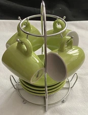 Espresso Set Green Stoneware 8 pieces: 4 cups + 4 saucers +Rack By IMUSA
