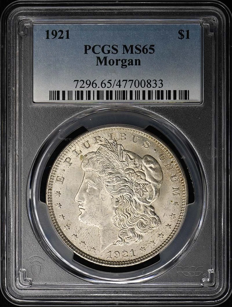 PCGS Certified MS 65 Graded 1921 Year Morgan US Dollars (1878-1921