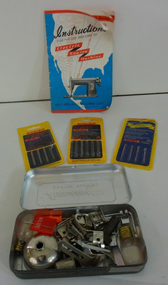 Vtg GREIST Sewing Machine Attachments Metal Box Needles Instruction Book
