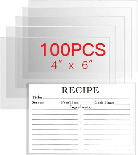100 Recipe Card Protectors - 4X6 Waterproof Clear Plastic Sleeves - Picture 1 of 7