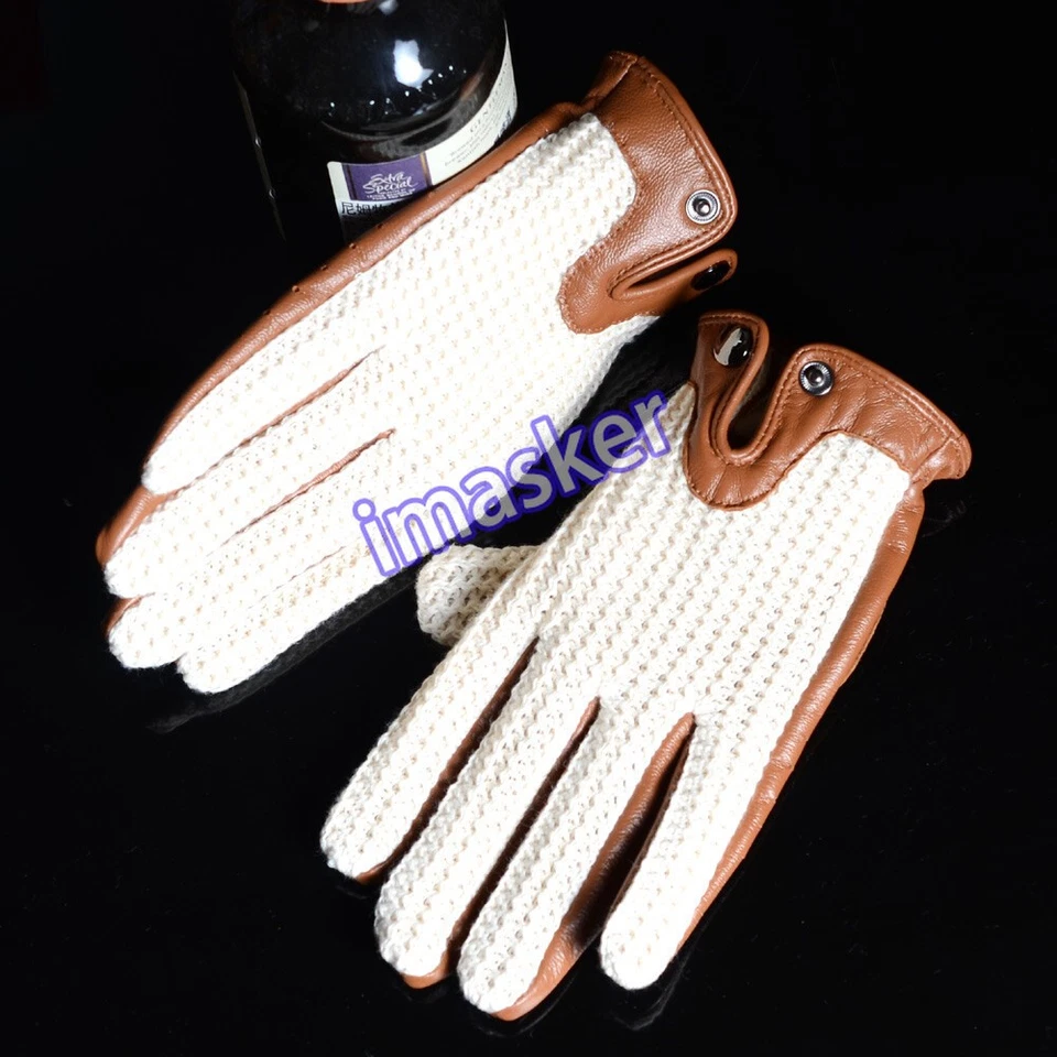 Men's 100% Real Leather Retro Unlined Driving Knitted Touch Screen Short Gloves - Image 2 of 4