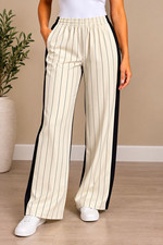 Tory Burch Rowing Stripe Pants Women’s 12 Wide Leg Pull-On Black Ivory
