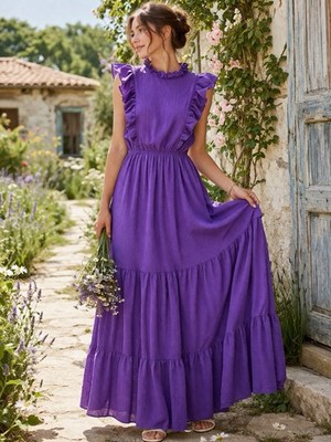cottagecore dress purple Vintage Style Prairie Cottagecore Purple Swiss Dot Ruffle Maxi Dress  Romantic