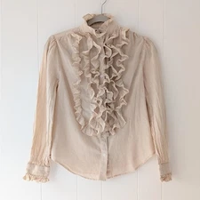 Mille Resort & Travel Striped Button-down Ruffle Trim Long Sleeve Blouse, sz XXS