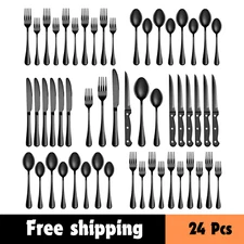 24 Pcs Black Silverware Set with Steak Knives, Stainless Steel Flatware Cutlery 