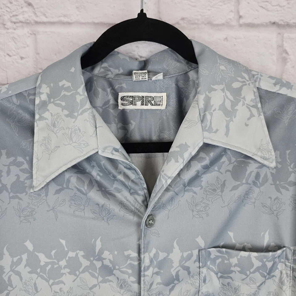 复古 Spire California 男式高 L 迪斯科蓝色灰色花卉纹理聚酯纤维 — 第 2/4 张图片