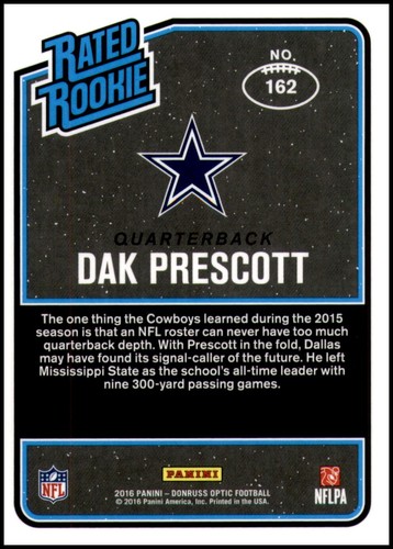 Dak Prescott 2016 Donruss Optic Rated Rookie Purple Card #162 - 第 2/2 張圖片