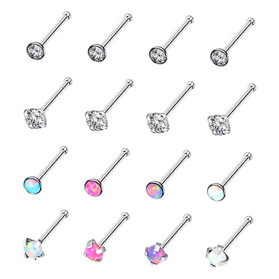 24Pcs CZ&Opal Nose Ring Screw L-Shaped Bone Studs Surgical Steel Piercing 20G