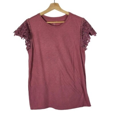 Ann Taylor LOFT Mauve Dusty Pink Lace Sleeve Short Sleeve Top M