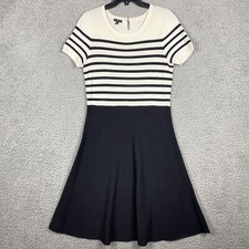 Talbot's Womens M Black Cream Striped Knit Short Sleeve Fit & Flare Dress A-Line