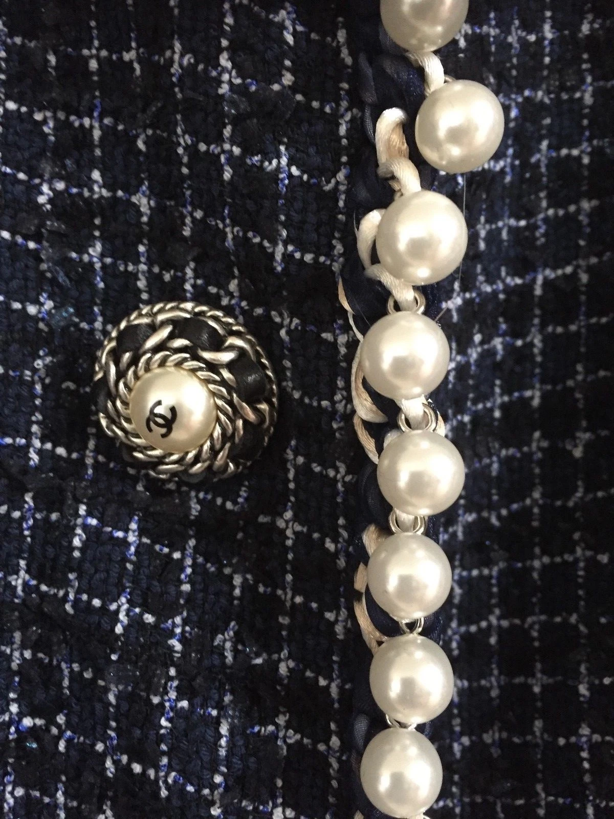 GIACCA CHANEL 10P VINTAGE NUOVA TWEED ECRU MARINA FINITURA INTRECCIATA PERLA CC FR40 FR38