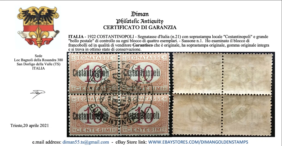 Italia Costantinopoli - Impuesto Sassone n.1 MNH** bloque de 4 cv 1320$ con certificado Foto 2 de 4