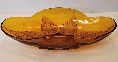 Vintage Anchor Hocking Renaissance Leaf Amber Glass Oval Relish Celery Dish