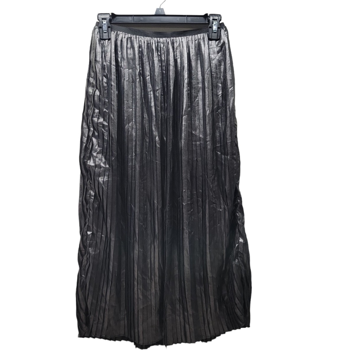 METAPHOR Women's XS Pleated Maxi Skirt Gunmetal Gray Foil Silver Sheer Slip  VTG