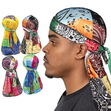 Men Long Tail Soft Headscarf Durag Pirate Hat Muslim Head Wrap Bandana Turban