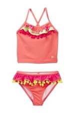 Betsey Johnson Big Girl Ruffle Pompom Trimmed Swimsuits Size 14 NWT
