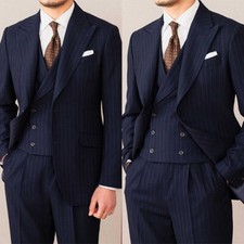 Men Suit Classical Stripe Jacket Single-Breasted Peak Lapel Formal Business
