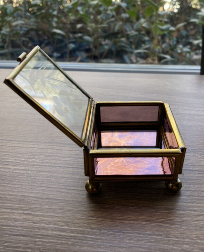 Beveled Etched Glass & Brass Trinket Jewelry Box Hinged Lid 2.5" Footed Mirror - Picture 3 of 13