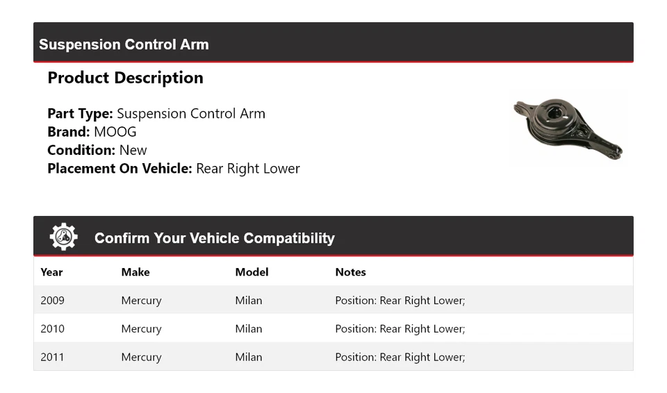 Brazo de control de suspensión trasero derecho inferior MOOG 2009-2011 Mercury Milan Foto 2 de 4