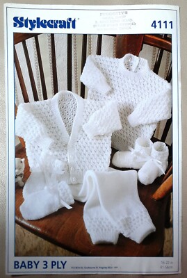 Orig Stylecraft 3-fädige Baby Strickjacke Pullover Hose Handschuhe Stiefel Strickmuster 4111