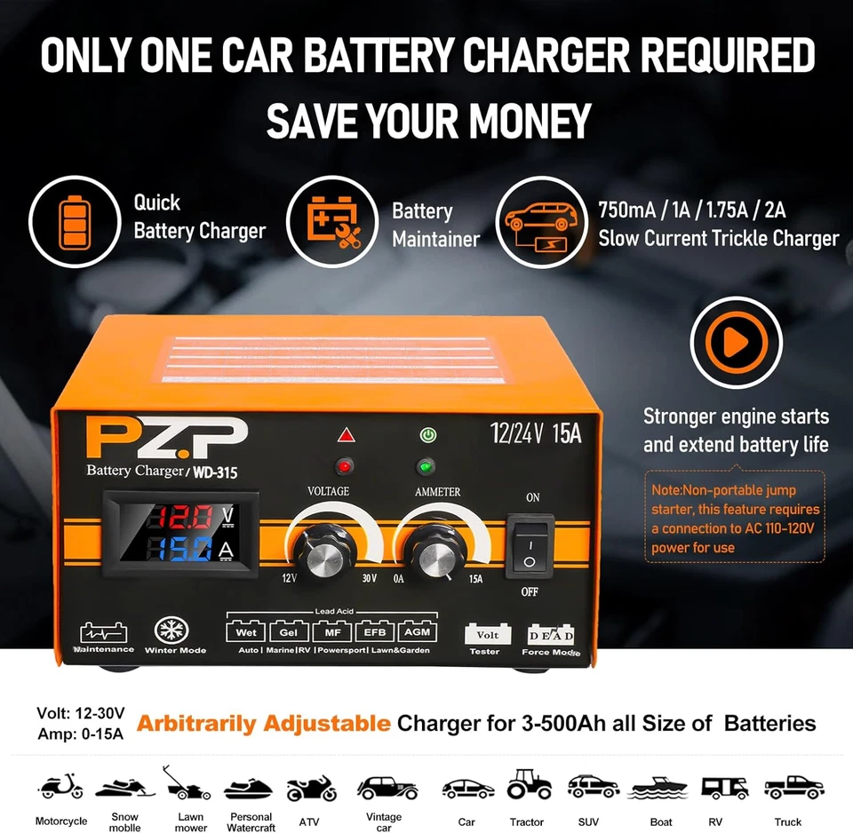 12V 24V Manual Battery Charger Maintainer, 0 to 15A Arbitrarily Adjustable Car B - Image 3 of 4