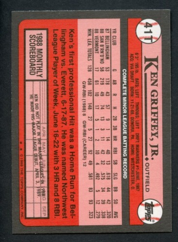 1989 Topps Traded #41T Ken Griffey Jr. Seattle Mariners RC Rookie Card - Picture 2 of 2