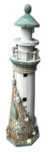 Wooden Lighthouse Fish Net Shells Buoys White Green 19” Nautical Beach Decor