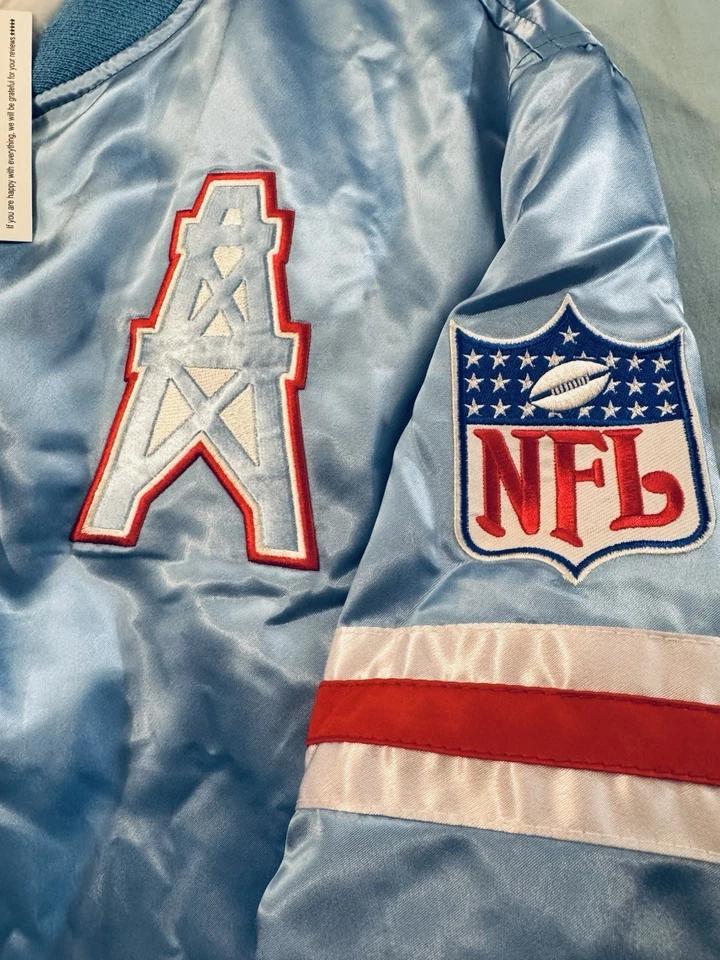 Chaqueta de bombardero Houston Oilers azul claro satinado para hombre talla XL NUEVA CON ETIQUETAS🔥 Foto 3 de 4