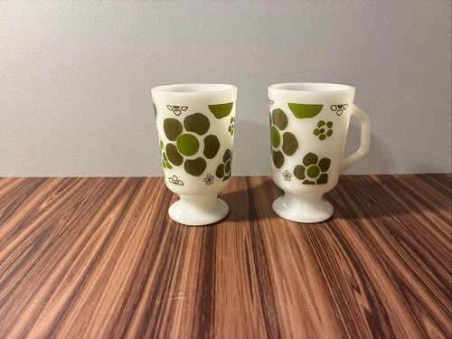 Vintage Pedestal Anchor Hocking Fire-King Milk Glass Mugs Floral Design 5” Tall